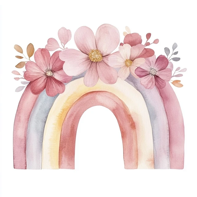 Watercolor Rainbow with Flowers Pastel Pink