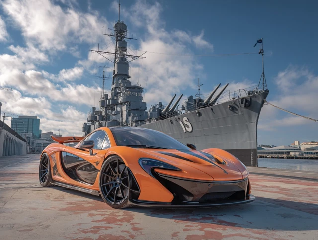 Orange McLaren P1 and Battleship US Pier Photo