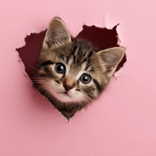 Adorable Kitten Peeking Through Heart Pink Background