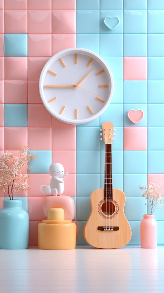Pastel 3D Render: Pink and Blue Tiles, Clock, Guitar