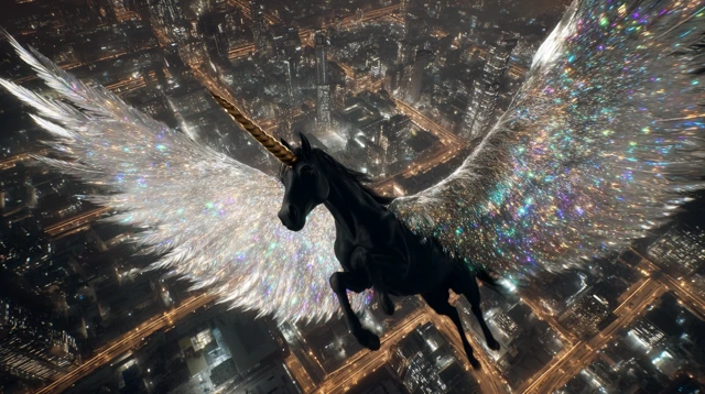 Fantasy Unicorn Flying Through City Night Sky