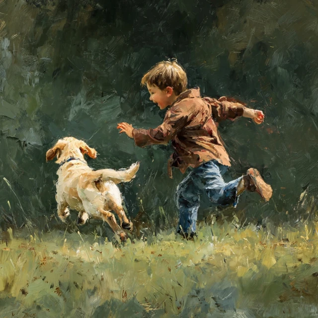 Boy Playing with Dog in the Green Field