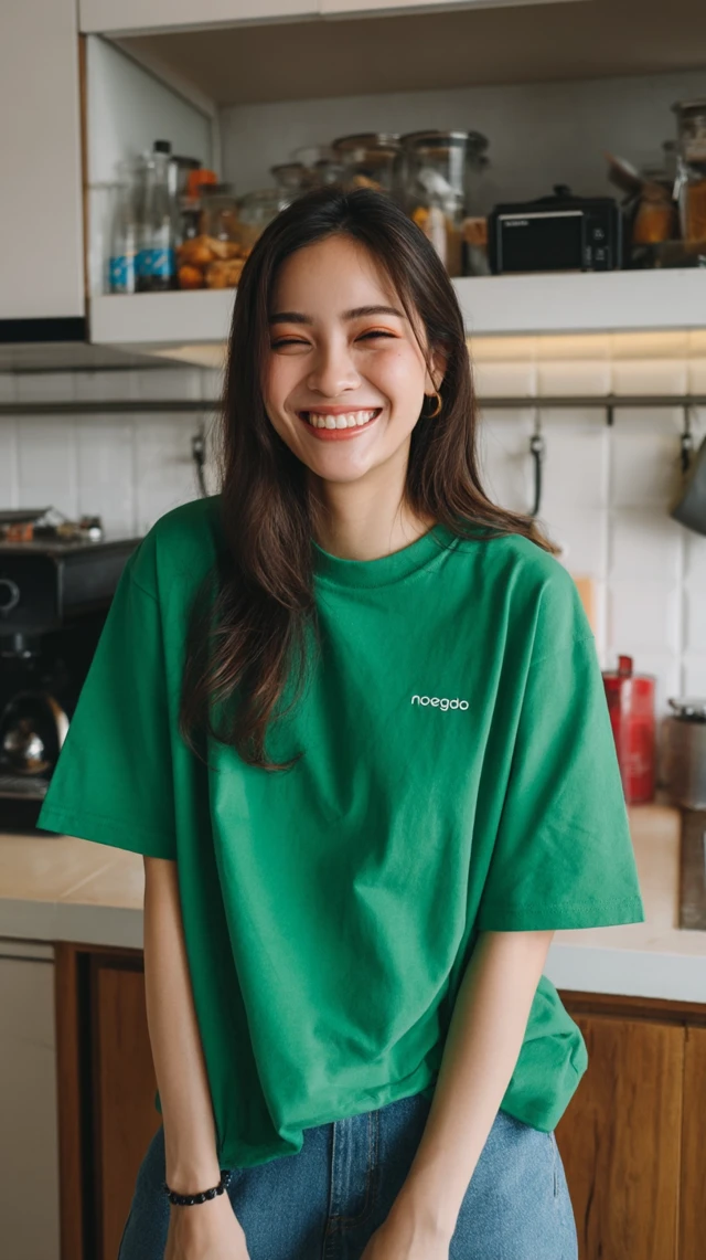 Smiling Thai Woman in Green T-Shirt in Kitchen