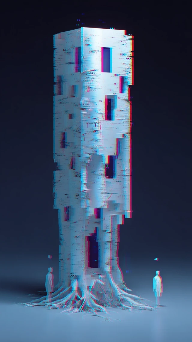Glitch Tree Tower: Surreal 3D Digital Art