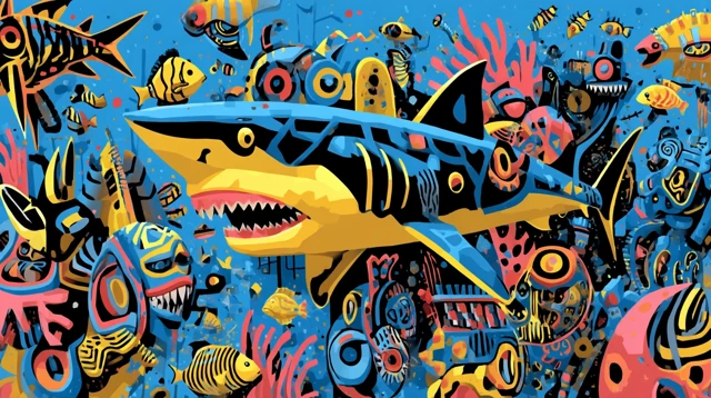 Shark Fight in Coral Reef Colorful Illustration