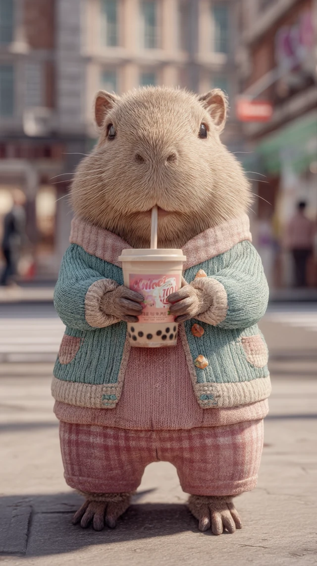 Cute Capybara with Milk Tea in City Street 3D