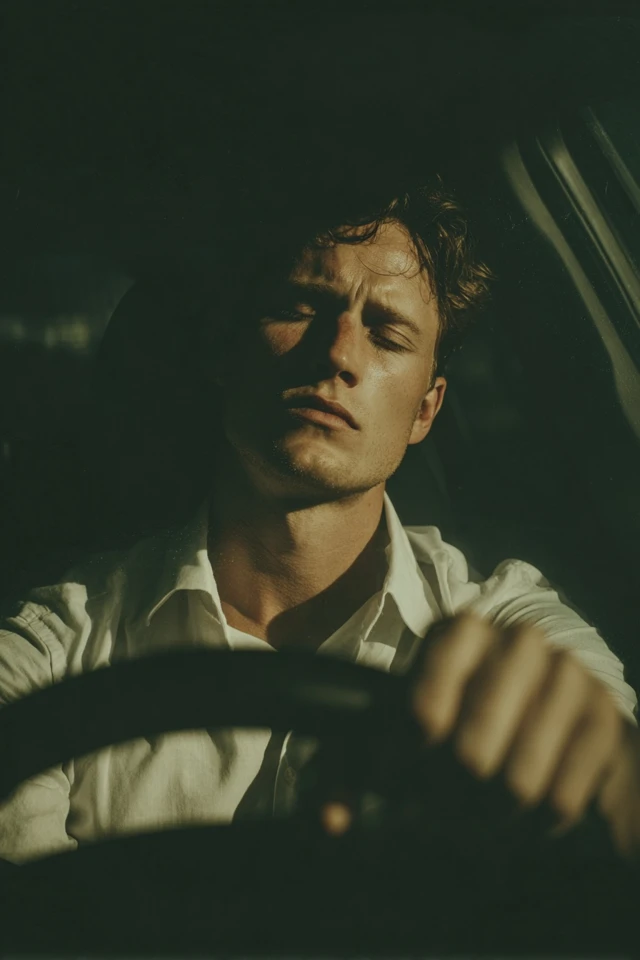 Man in Car Eyes Closed Shirt Driving