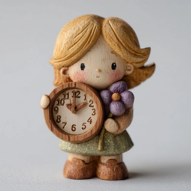 Wooden Carving Girl Holding Clock Figurine