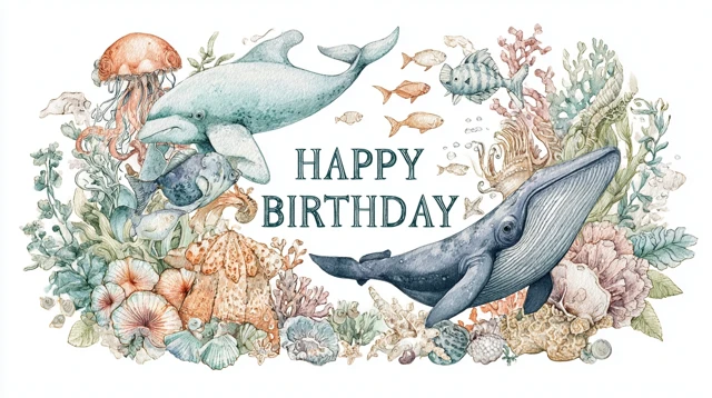 Happy Birthday Sea Illustration Watercolor Whales Dolphins