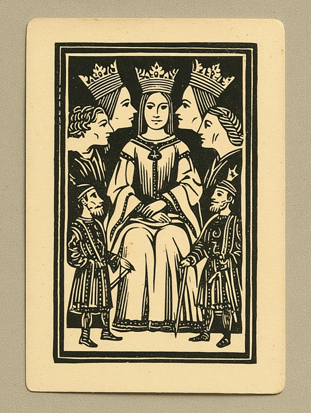 Tarot Card Queen with Three Heads Tiny Men Bowing
