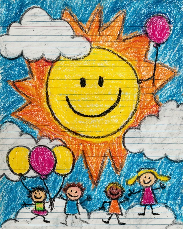 Childs Crayon Drawing Sunny Day Kids Balloons