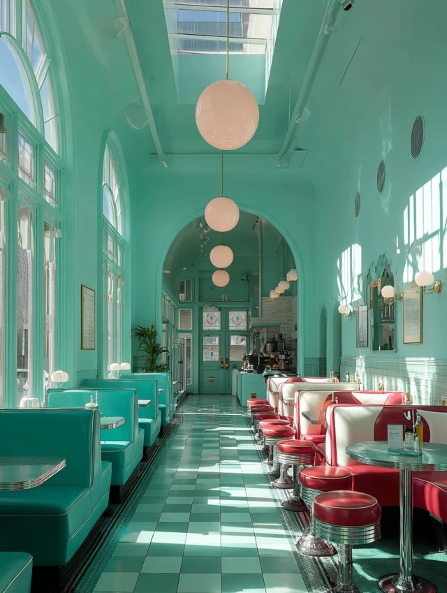 Art Nouveau 50s Diner with Teal Walls