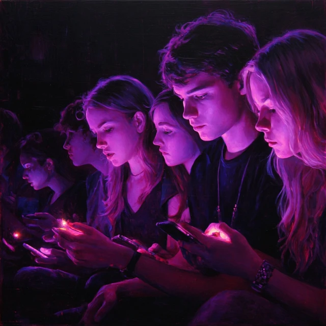 Teenagers on Phones Hyper Realistic Painting