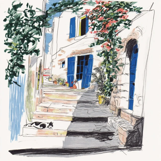 Greek Island Village Scene Coloring Page