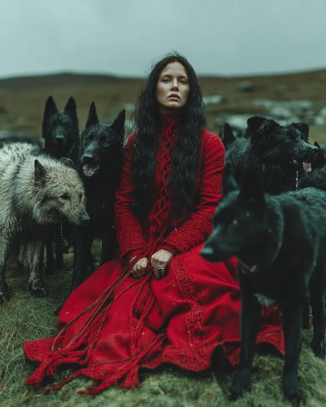 Asgardian Queen with Black Dogs: Hyper Realistic Photography