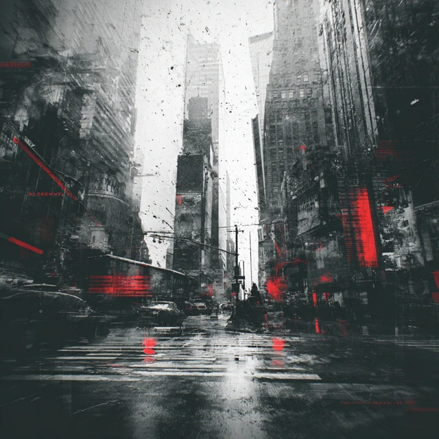 Cyberpunk City Street with Glitch Art and Red Accents