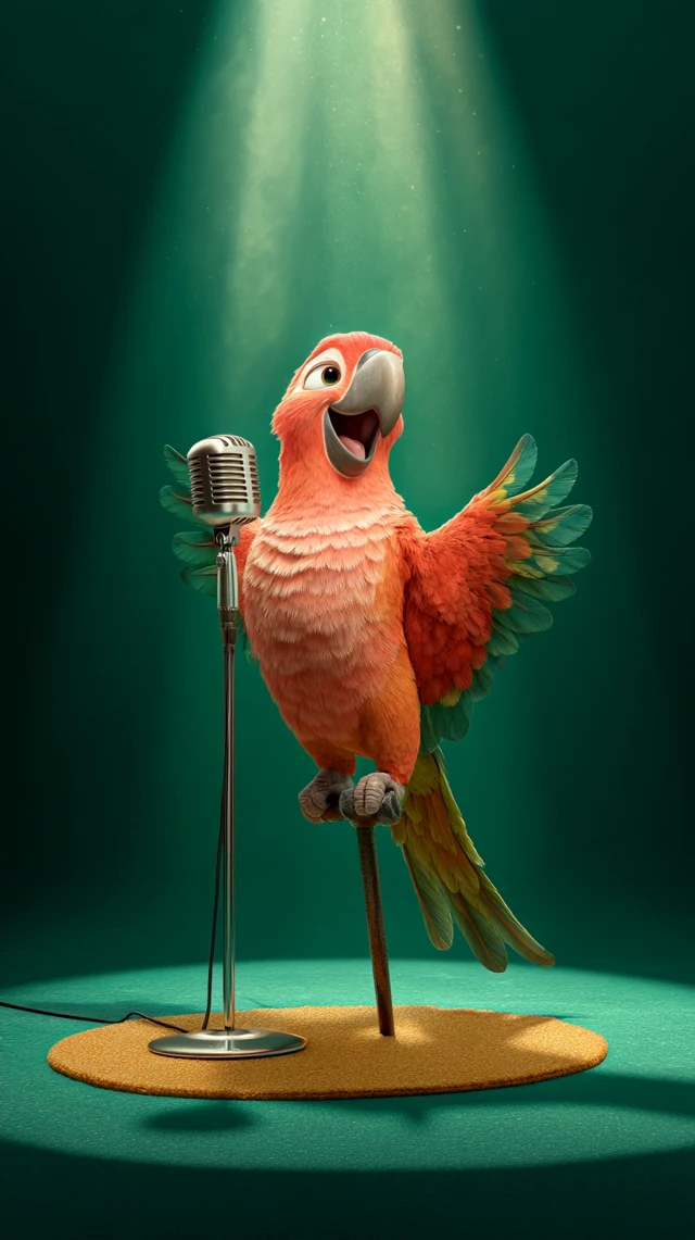 Cartoon Parrot on Stage Mic Stand Comedy Pixar Style