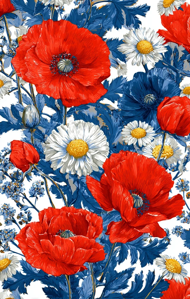 Red White and Blue Floral Pattern Poppies and Daisies