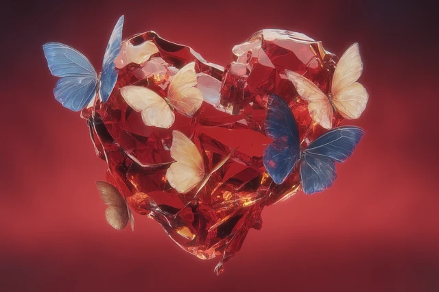 Crystal Butterflies Around Ruby Heart 3D Rendered