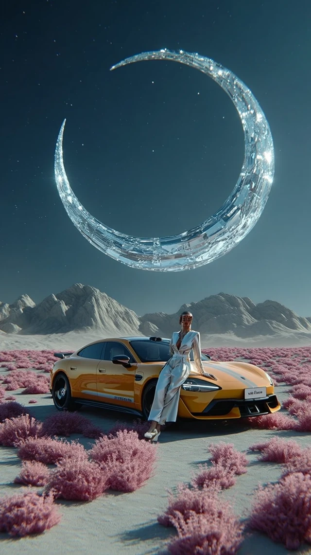 Surrealist Car Scene Crystal Moon Purple Flowers Desert