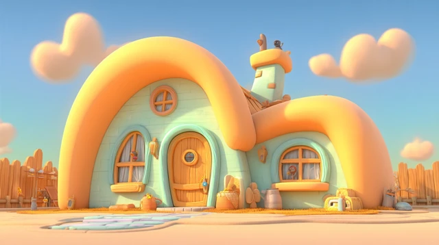 Cozy Pixar House Exterior Pastel Colors Sunny Sky