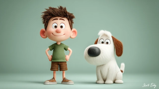 3D Cute Boy and Puppy Illustration