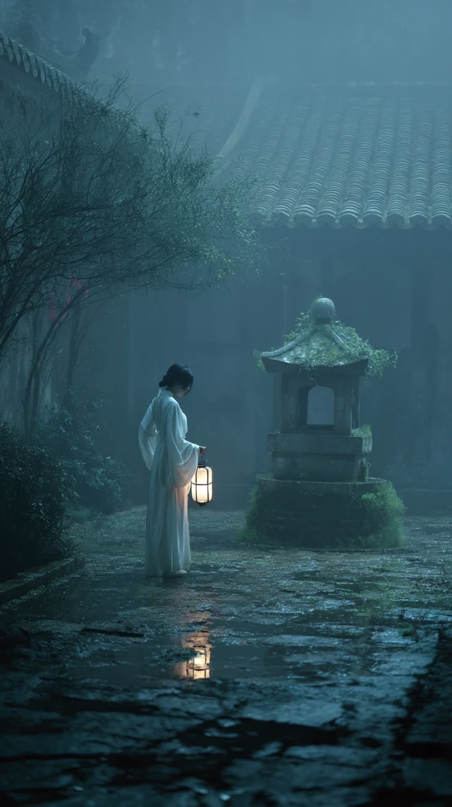 Ancient Chinese Girl in Foggy Courtyard