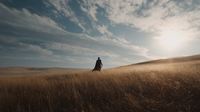 Lone Hero On The Grassland Cinematic Shot