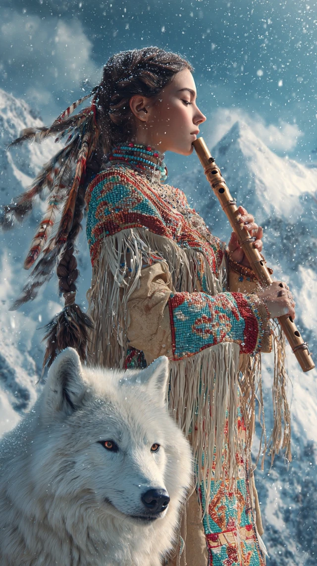 Native American Woman Wolf Snowy Mountains Flute
