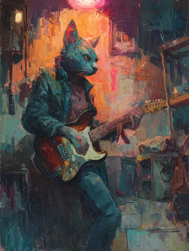 Cat Head Musician Playing Guitar Whimsical Art