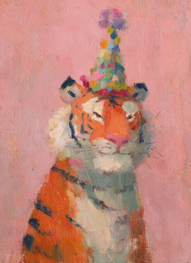 Cute Tiger with Party Hat Naive Art