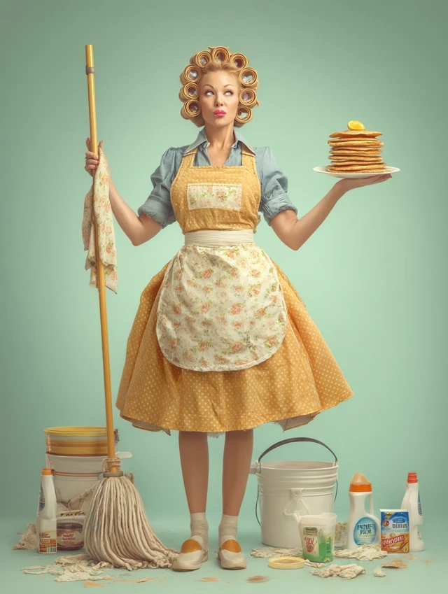 Retro Housewife with Pancakes and Mop