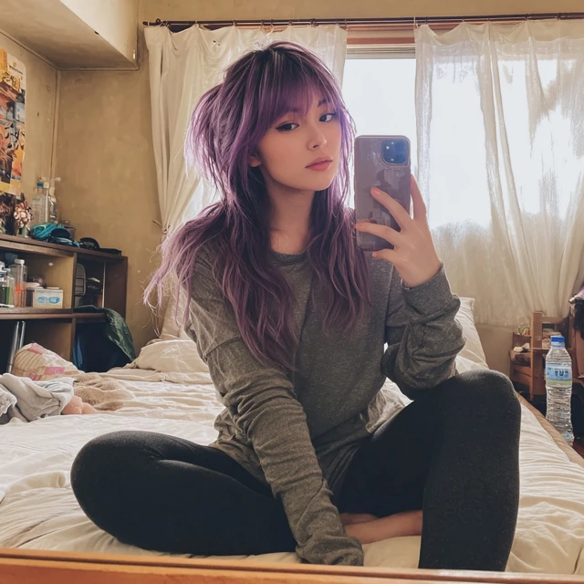 Japanese Girl Purple Hair Selfie in Cozy Room