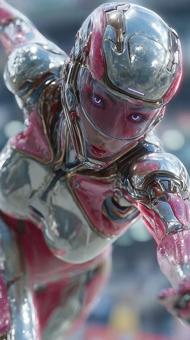 Cyberpunk AI in Futuristic Metal Suit Reaching Out