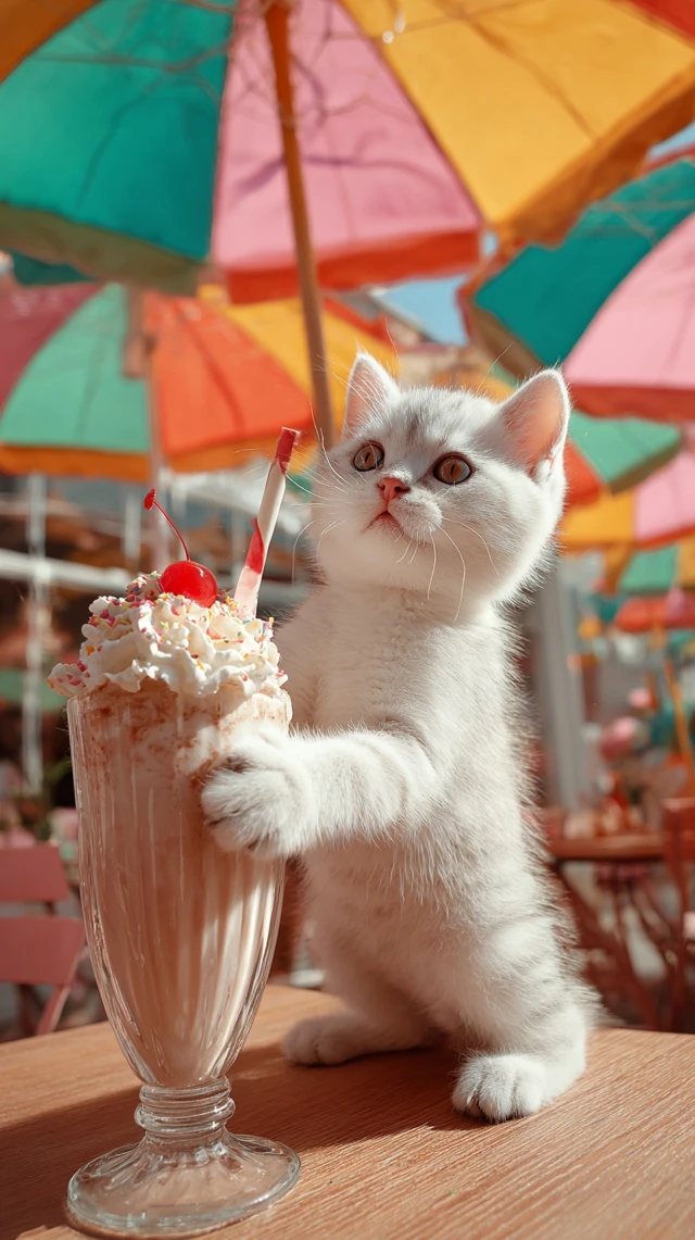 Cute Kitten with Milkshake Under Cafe Umbrellas
