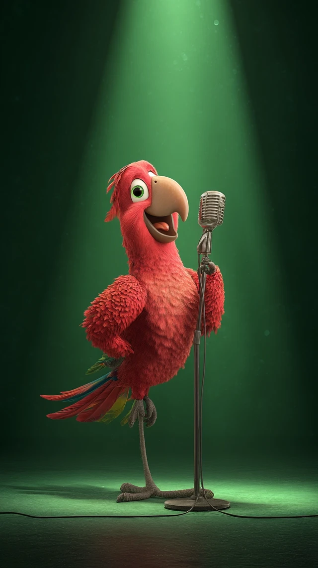 Cartoon Parrot on Stage Mic Stand Comedy Pixar Style