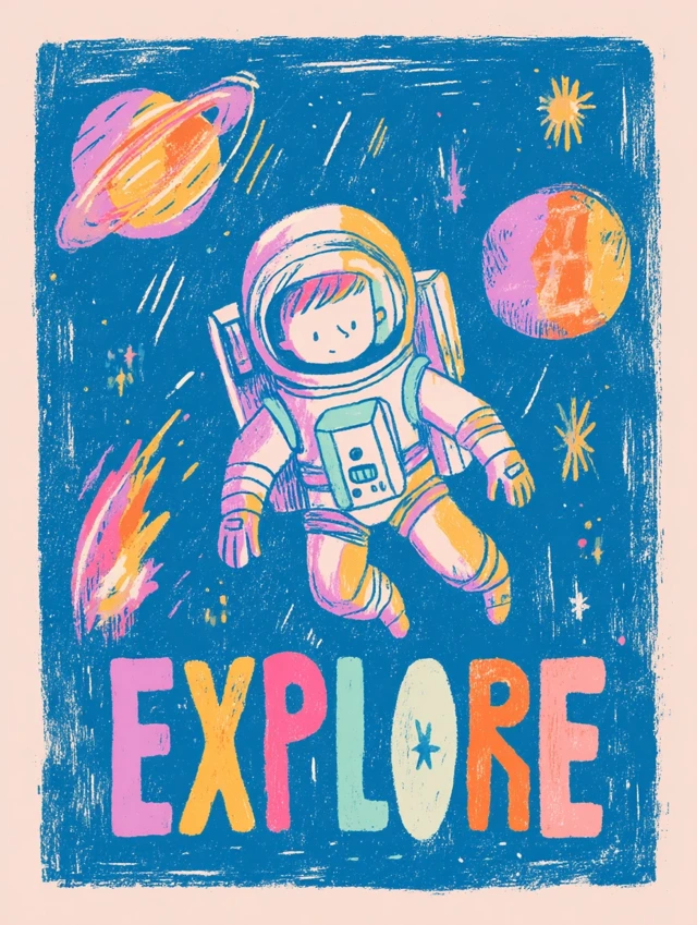 Astronaut Boy in Space Explore Gouache Illustration