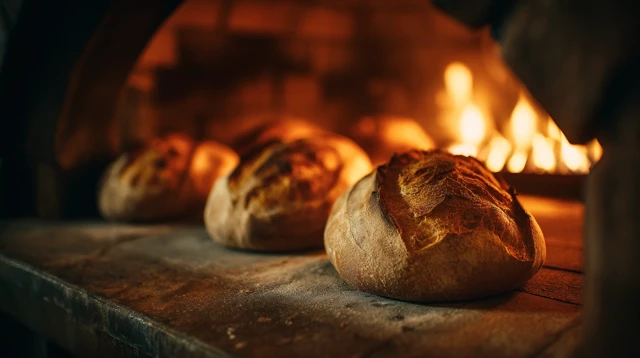 Golden Bread Baking in a Wood Fired Oven