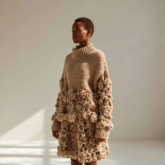 Elegant Model in Knitted Dress with Flower Details