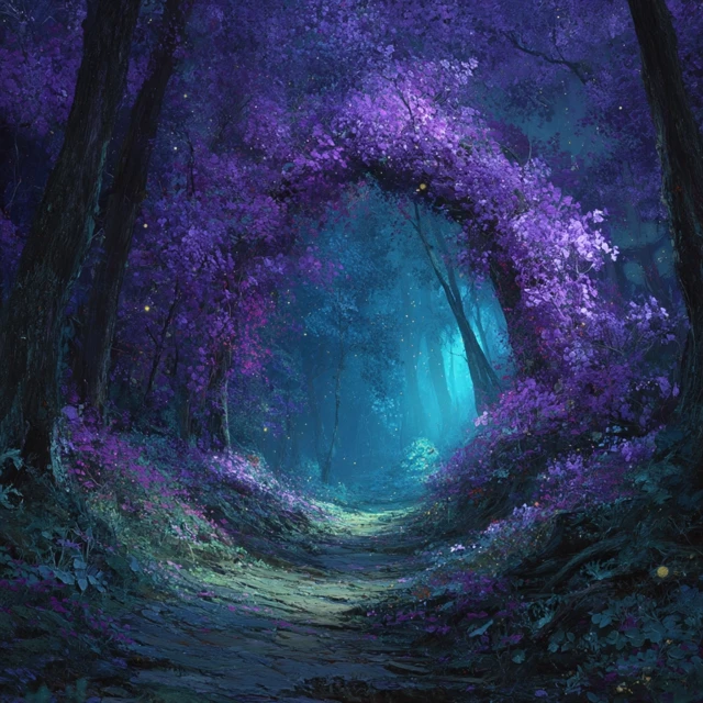 Enchanted Forest Path Glowing Purple Flowers