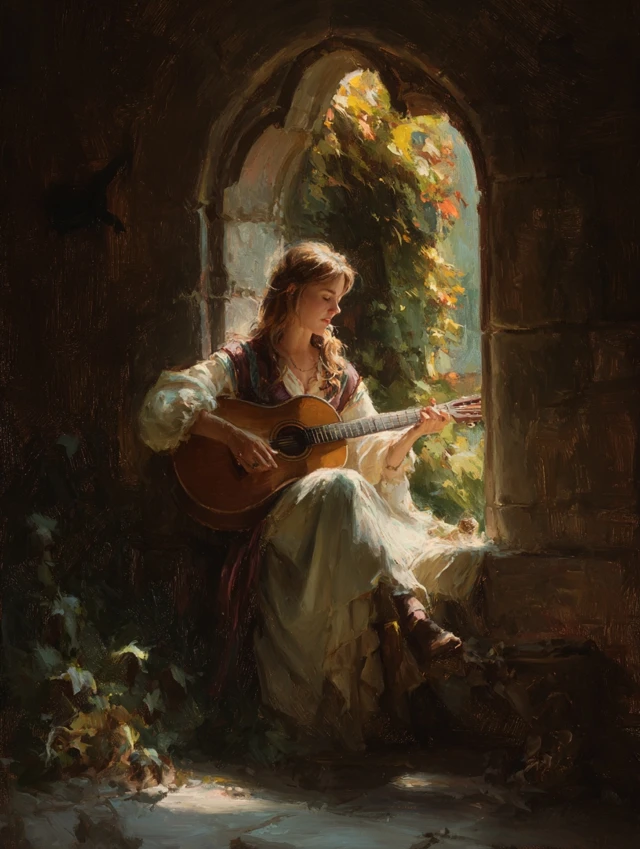 Medieval Woman Playing Guitar With Dragons Painting