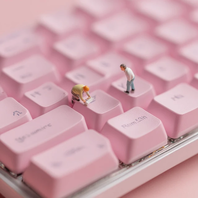 Miniature People on a Pink Keyboard