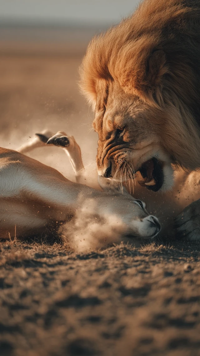 Lion Attacks Gazelle on the Savannah Dramatic Close Up