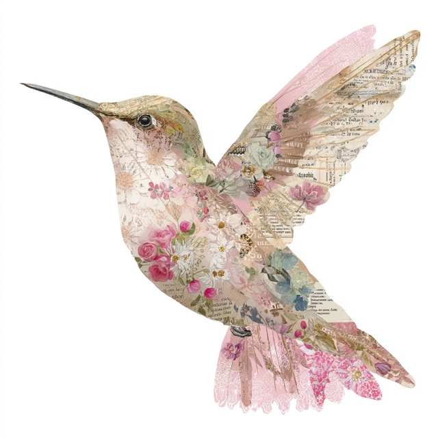Hummingbird Collage Art: Shabby Chic Floral Illustration