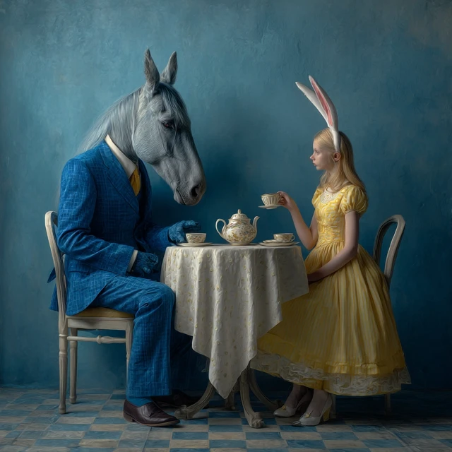 Surreal Tea Party Horse Head Rabbit Dress
