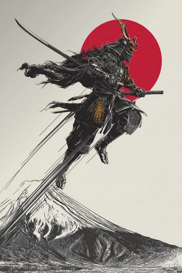 Samurai Warrior Art Japanese Mountains Illustration