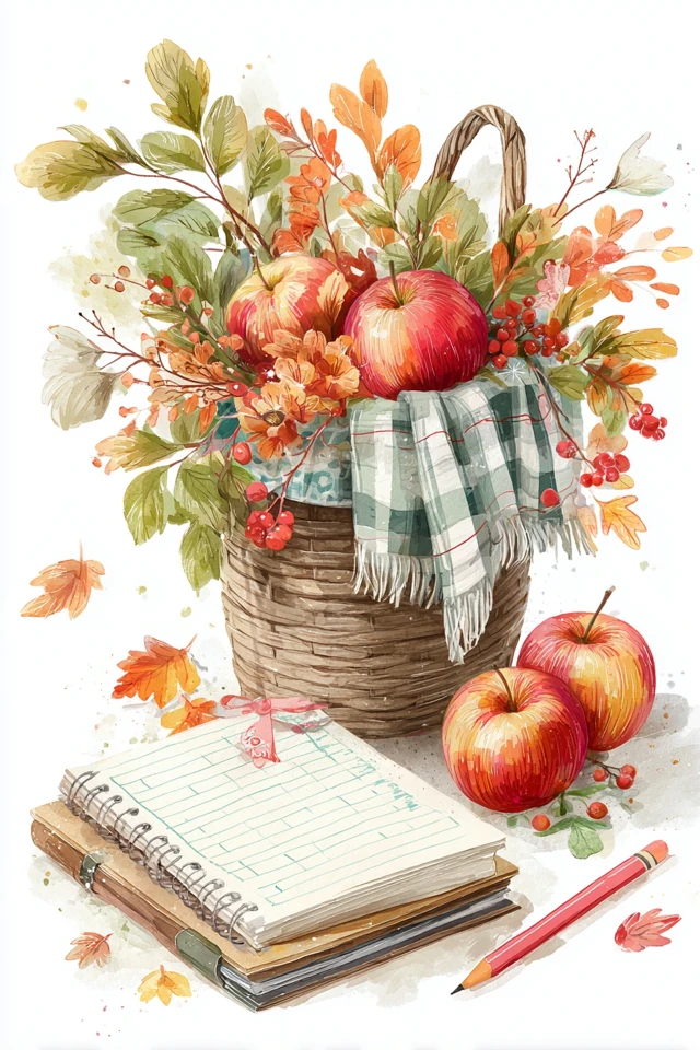 Autumn Basket Illustration Apples Leaves Notebook