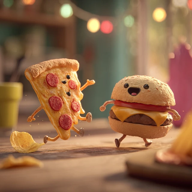 Dancing Pizza Burger and Chip Food Cartoon Fun