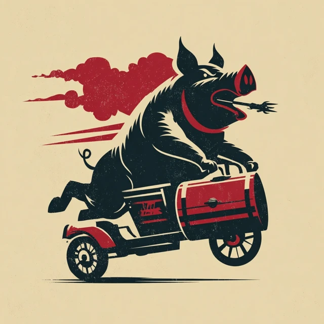 Quickie Que Grill Logo Pig Hog Riding Smoker