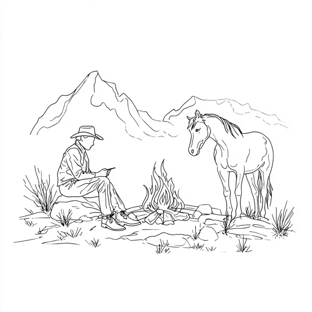 Cowboy and Horse Campfire Illustration